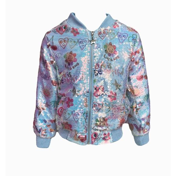 NEW Lola and The Boys Women’s Juniors Large Sequin Doodle Bomber Jacket Colorful - Picture 1 of 10